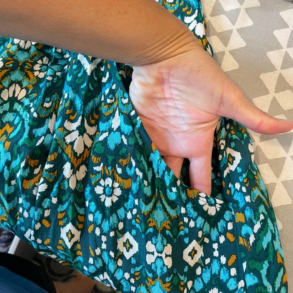 Garnet Hill Green Ikat Geometric V-Neck Drop Waist Tiered Dress Pockets Size 12 - Picture 9 of 9